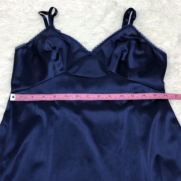 Vintage Vanity Fair Size 34 L Navy Blue Lace Trimmed Silky Satin Full Slip Dress - Picture 6 of 9